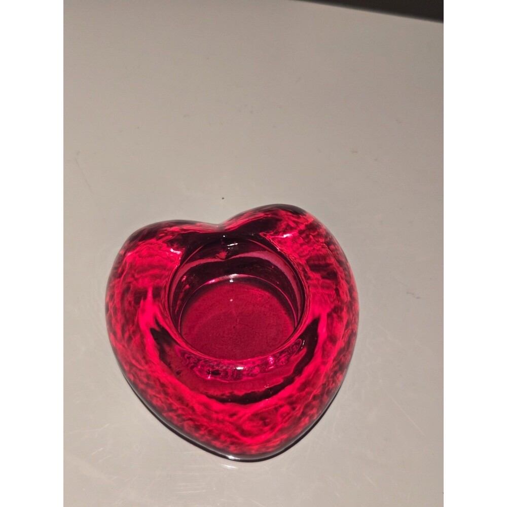 Heavy Ruby Glass Heart Tealight Candle Holder Chunky Textured Valentine Decor